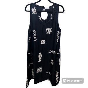 XL Sleeveless Black with Cream Sealife Print Casual Party VCAY Midi…